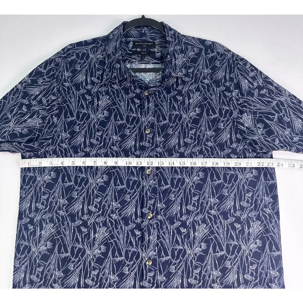 Banana Republic Blue & White Linen Floral Slim Fit Button Up Shirt Size L